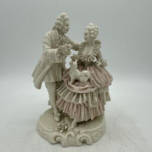 Vintage Dresden Figurine Lace Man Women Dog Courtship Victorian